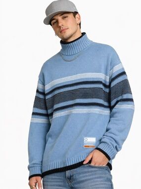 Southpole VTG 90s Sweater Mens Medium Blue Acrylic Mock Neck Striped Pullover